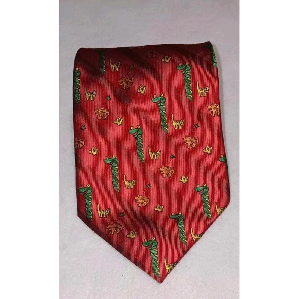 Wolfmark Mens Neck Tie Red With Animals Snake Cat Dog Chicken 100% Hand Made